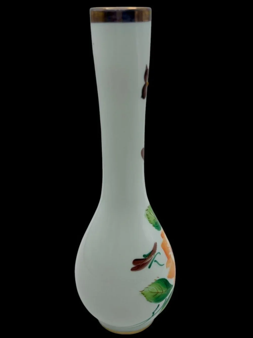 Vintage Hand Painted White Opaline Bud Vase Floral Enamel Glass Vase Gold Rim 8